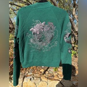 Embroidered 100% Merino Wool Forest Green Sweater / Bomber Jacket